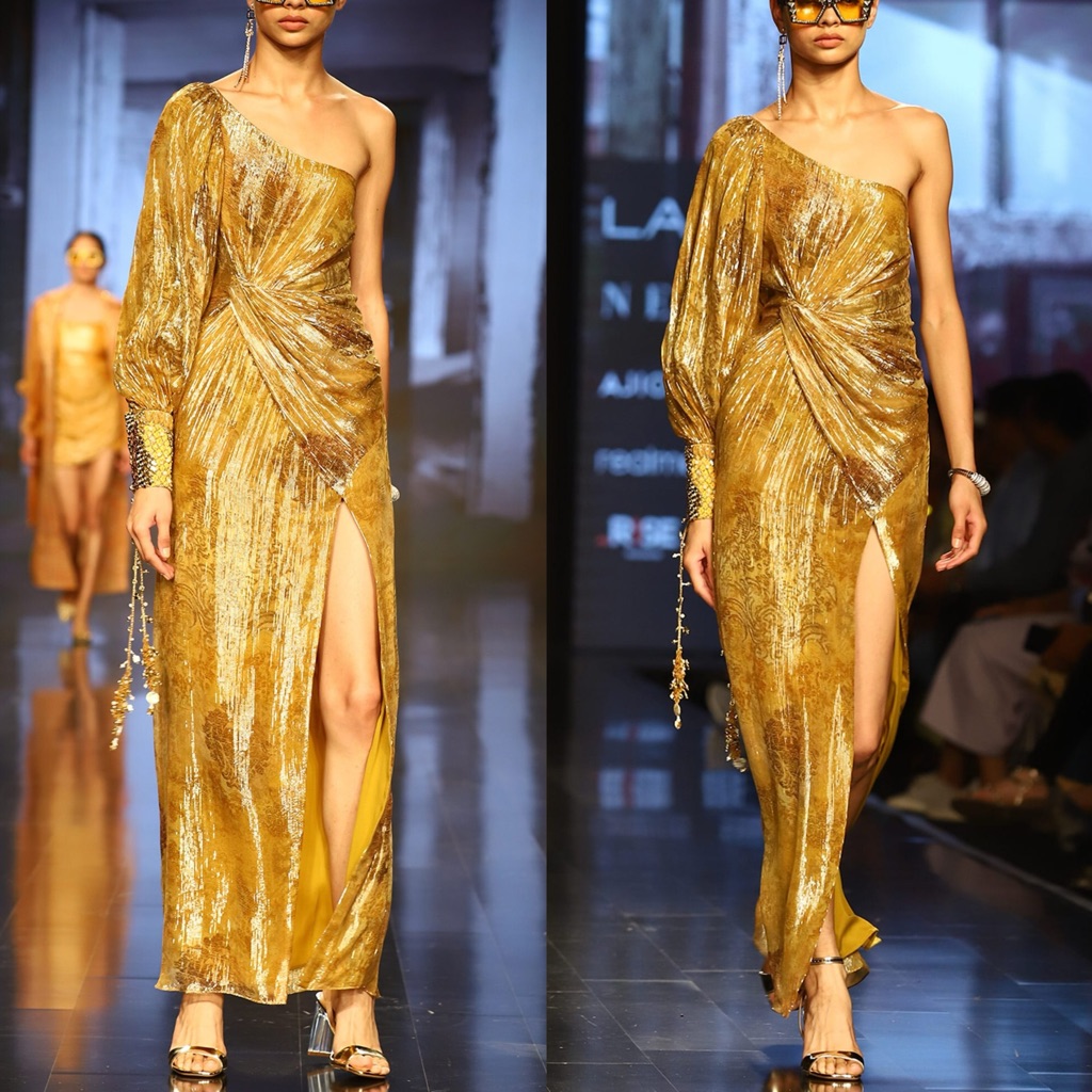 Nwt Anthropologie Nirmooha Runway Gold Beaded Cuff One-Shoulder Maxi Dress M